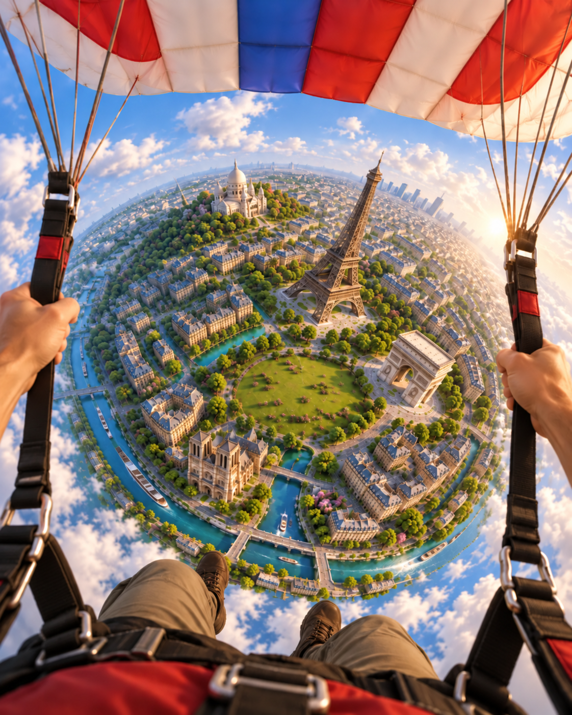 Vista en perspectiva desde un paracaídas sobre París
